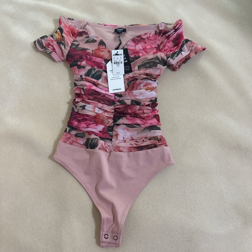 Express Multicolor Floral Ruched Off-Shoulder Bodysuit